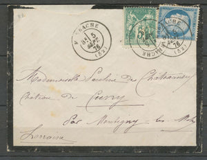 1876 Env. très rare utilisation Mixte N°60 25c bleu et Sage N°64 5c vert. X2473