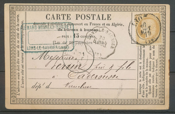1873 CP N°54 15c ceres Avec Bureau de Passe 1307 sur le timbre. Superbe X2481