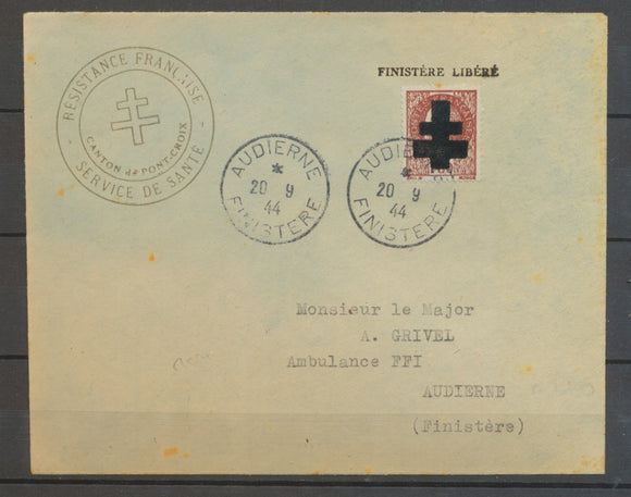 1944 Env. Libération AUDIERNE Finistère obl du 20-9-44. TB. Signé Calves. X2515