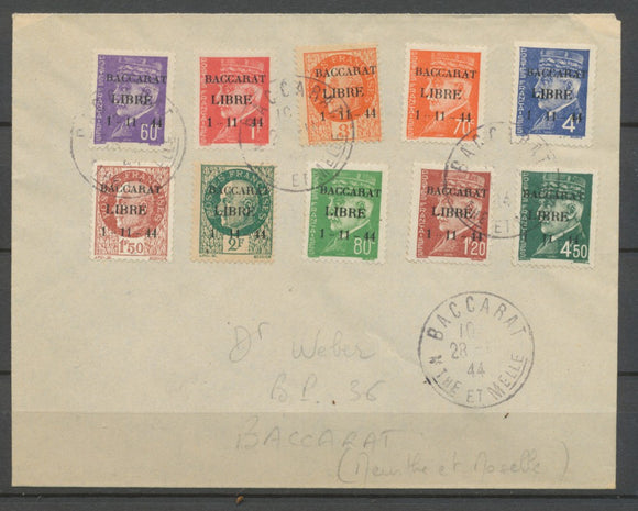 1944 Env. Libération de Baccarat 10 timbres N°1 à 10. Superbe Signé Calves X2517
