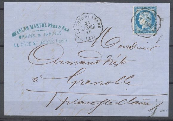 1876 Lettre Convoyeur Station LY.StR.R LA COTE ST-ANDRE ISERE(37) X2571