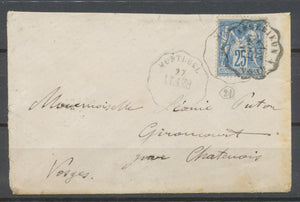 1877 env. 25c sage Convoyeur Station LY-AMB MONTLUEL AIN. RR indice 18 X2622