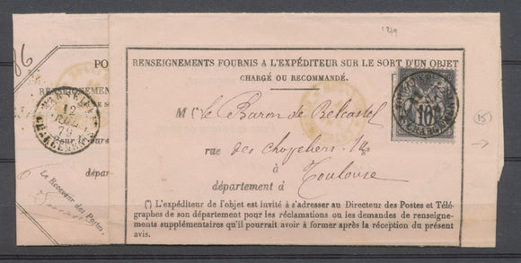 1879 Avis de renseignement Sur recommandé Avec Sage 10c Toulouse (30) X2643