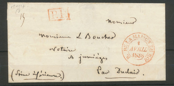 1838 Lettre PP rouge + CAD N°4325 B. DE LA MAISON DU ROI Rouge Superbe X2662