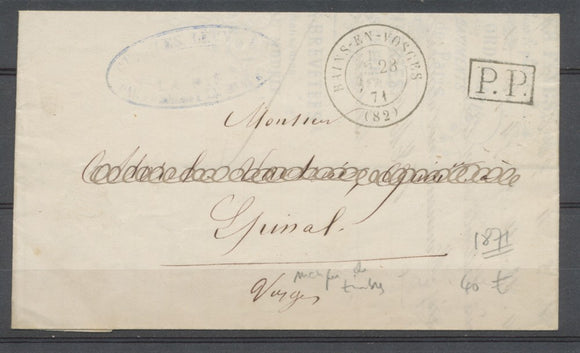 1871 Lettre CAD BAINS-EN-VOSGES + PP affranchit par manque de timbres X2673