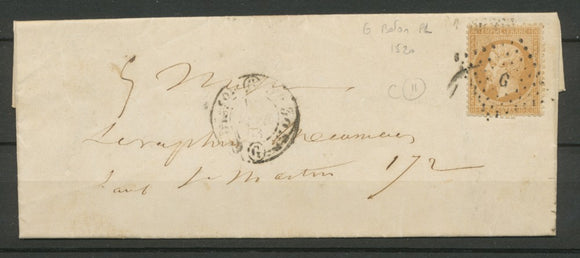 1868 Lettre 10c en local Obl Lettre Bâton G CAD 1520 PARIS SEINE&PARIS(60) X2692