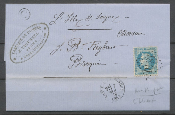 1870 Lettre N°29 En local Obl GC1840 L'ISLE-sur-la-Sorgue + BR C Vaucluse X2700