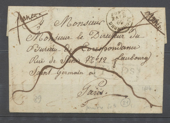 1814 Lettre Obl port payé 66 DHUNINGUE HAUT-RHIN(66) Rare indice 20 X2715