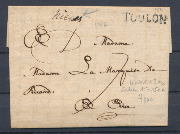1782 Lettre Lenain N°1A Hières Manus. + TOULON N°10 VAR(78) Superbe X2751