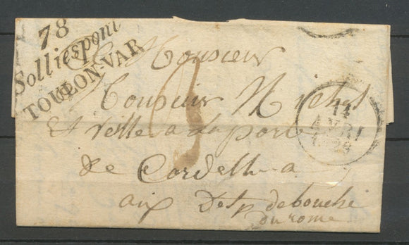 1829 Lettre cursive 78 Solliespont TOULON-VAR + dateur A VAR(78) Superbe X2843
