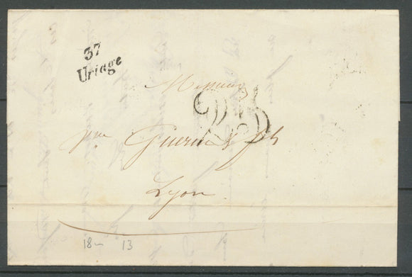 1853 Lettre Cursive 37 Uriage + Taxe 25c ISERE(37) TB. X2877