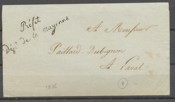 1836 Lettre en Franchise Griffe Préfet Dépt de la Mayenne Superbe X2903