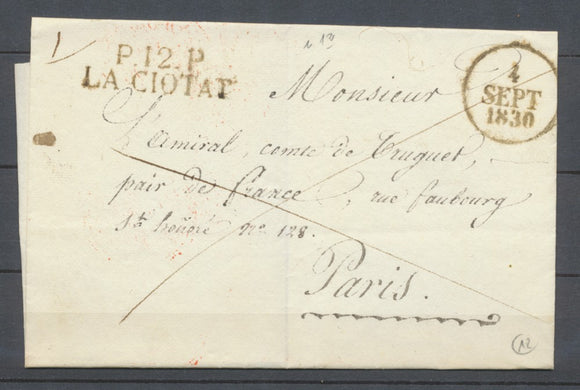 1830 Lettre P12P LA CIOTAT BOUCHES DU RHONE(12) Superbe X2924