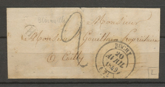 1849 SEINE INFre Lettre CAD T14 BUCHY + Boîte Rurale H Blainville TB. X2960