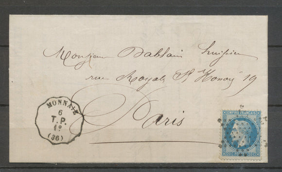 1869 Lettre N°29 Convoyeur Station MONNAIE T.P. INDRE ET LOIRE (36) X3036