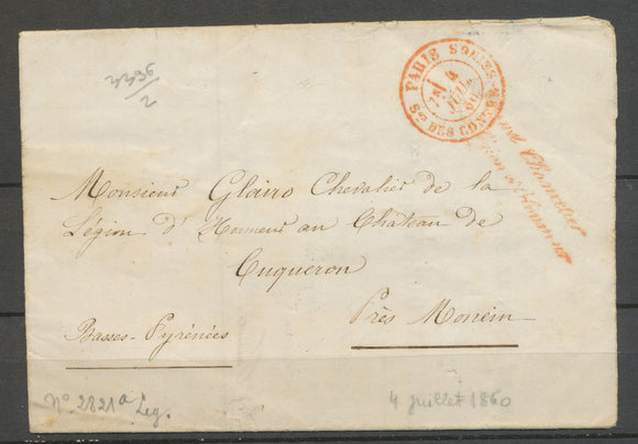 1860 Lettre Franchise rouge Grand Chancelier de la légion d'Honneur X3078