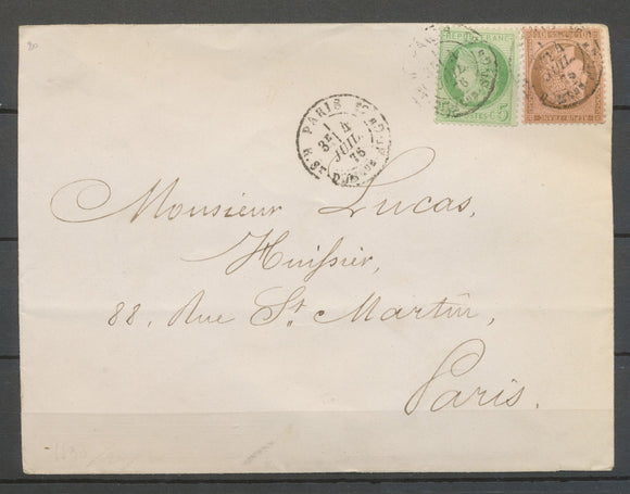 1876 Env. Cérès 5c vert + 10C brun rose Obl Paris R. St-DOMque-St-Gn 53 X3116