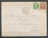 1876 Env. Cérès 5c vert + 10C brun rose Obl Paris R. St-DOMque-St-Gn 53 X3116