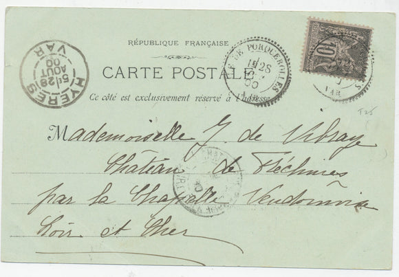 1900 CP sage 10c Obl CAD T25 ILE DE PORQUEROLLES perlé Superbe VAR(78) X3143