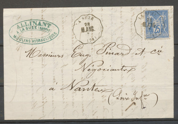 1877 Lettre 25c sage Obl Convoyeur Station A. Suze M.ANG SARTHE(71) Sup X3144