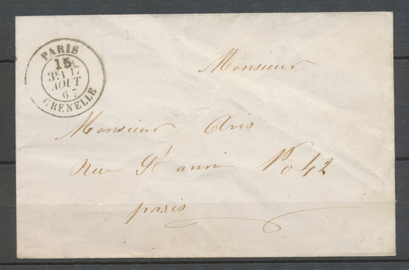 1867 PARIS Env. Cachet N°2541 Accidentel taxe PARIS (15c) GRENELLE Sup. X3162