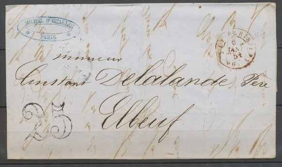 1851 PARIS Lettre Taxe 25 CAD ( J ) PARIS ( J ) Rouge. Rare. X3180