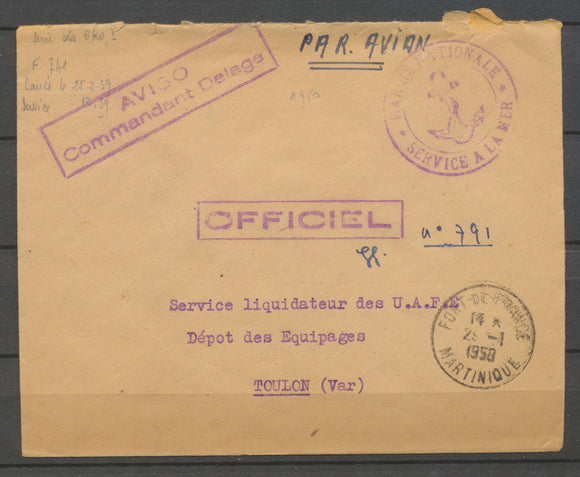 1950 Enveloppe Marine Franchise Griffe AVISO COMMANDANT DELAGE X3203