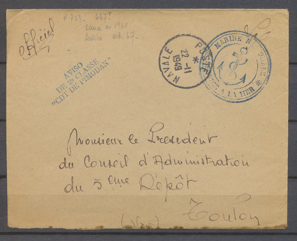 1949 Enveloppe Marine Franchise Griffe AVISO de 2e classe 