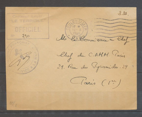 1946 Enveloppe Marine Franchise Griffe Croiseur LEGER 