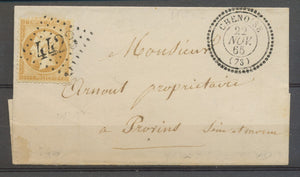 1865 Lettre 10c GC4423 + CAD T22 CHENOISE SEINE ET MARNE(73) Ind 17. X3298