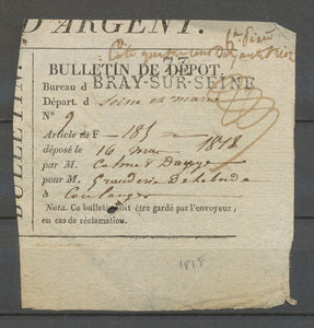 1818 Récépissé de Dépôt Article d'argent Marque 73 BRAY-SUR-SEINE RRR X3350