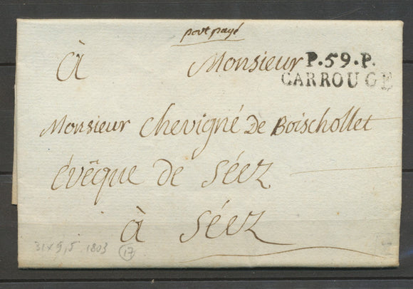 1803 Lettre Marque P59P CARROUGE ORNE. Superbe, rare indice 17 X3427