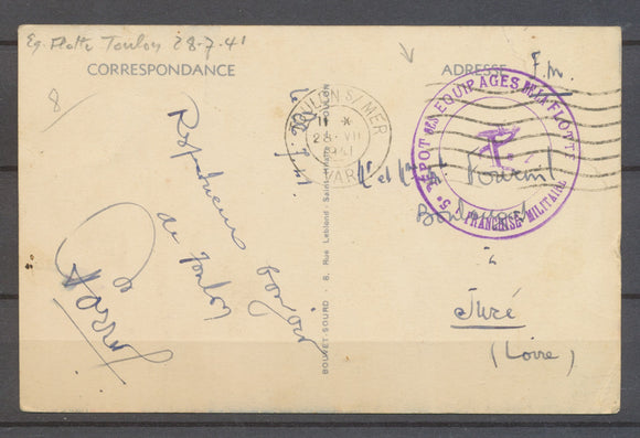 1941 CP en FM Obl CAD TOULON S/MER VAR + Cachet 5° DEPOT DES EQUIPAGES X3509