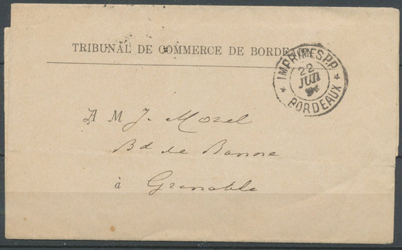 1893 Avis tribunal tarif des imprimés Obl CAD IMPRIMES P.P. * BORDEAUX* X3653