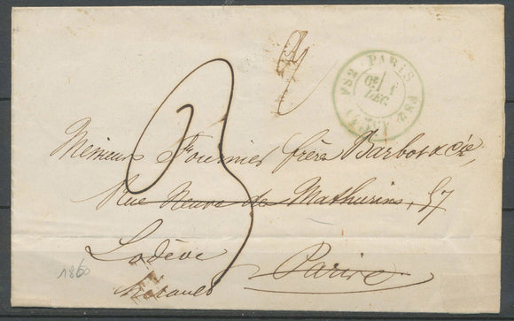 1860 Lettre Cachet taxe de bureau supplémentaire FS2 PARIS FS2 (15c) Bleu X3703