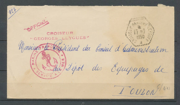 1950 Env en FM Oblitérée hexagonale Croiseur Georges-Leygues + griffe. TB X3717