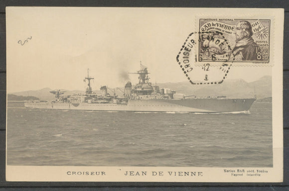 1942 CP du croiseur avec obl hexagonale et tp CROISEUR JEAN de VIENNE Sup X3797