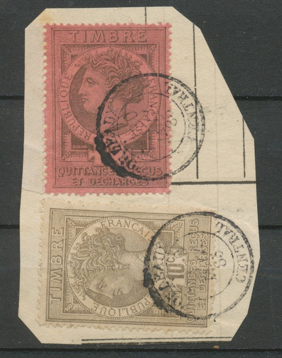 1885 Fiscaux Quittances sur fragment 10c gris, 2F noir s.rose obl POSTALES X3812