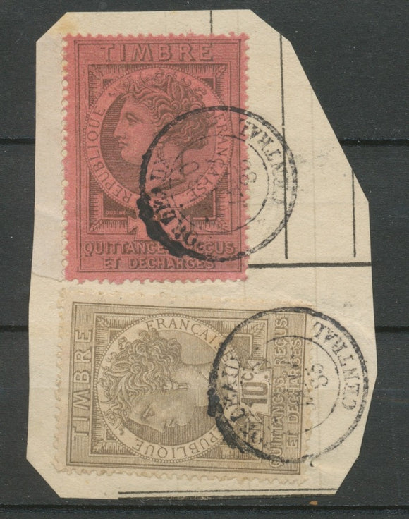 1885 Fiscaux Quittances sur fragment 10c gris, 2F noir s.rose obl POSTALES X3812