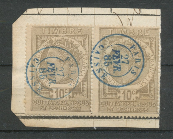 1885 Paire Fiscaux Quittances 10c gris obl POSTALE càd bleus Paris X3813