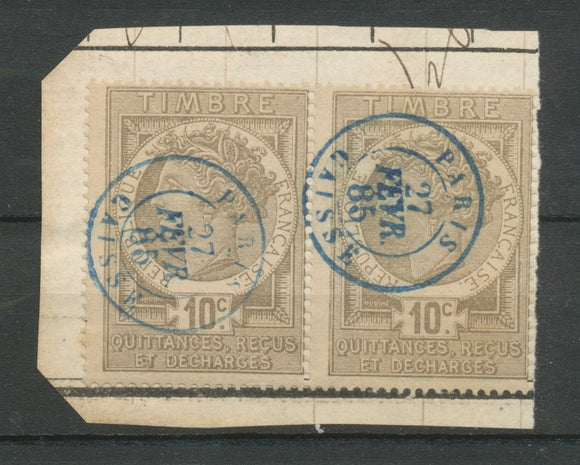 1885 Paire Fiscaux Quittances 10c gris obl POSTALE càd bleus Paris X3813
