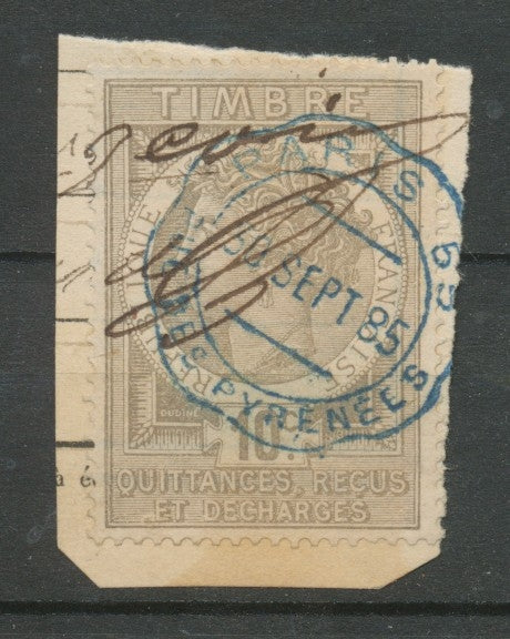 1885 Timbre Fiscal Quittances 10c gris obl cachet télégraphique bleu T2 RR X3816