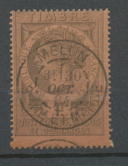 1884 Timbre Fiscal Quittances 1F noir s.brique obl Postale càd Melun S&M X3820