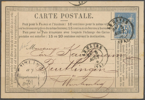 1876 CP privée, STEAMERS GROSO/HAVRE, 15c. Sage bleu, arrivée REULTLINGEN X3872