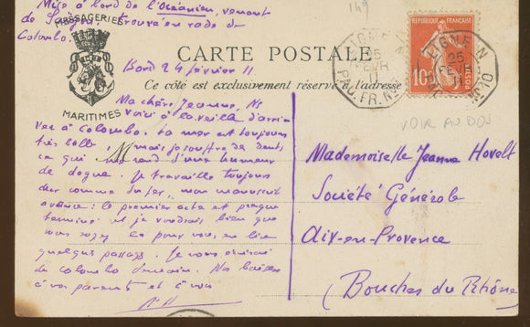 1911 CP PAQUEBOT/LOUQSOR, grand cachet bleu des Messagerie Maritimes X3875