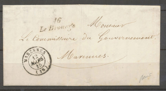 1848 Lettre Cursive 16/Le Brouage, type rare+C15 Marennes, CHARENTE INFre X3888
