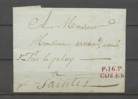1810 Lettre marque linéaire P16P/COZES, 19*9,LILAS , CHARENTE INFre X3892
