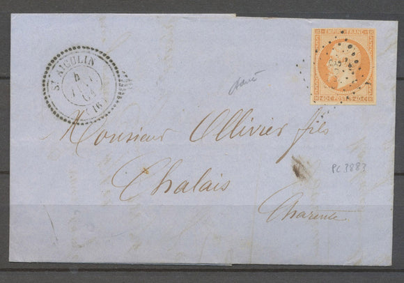 1861 Lettre St Aigulin C.22 + PC 3883 sur N°16, CHARENTE INFre X3894