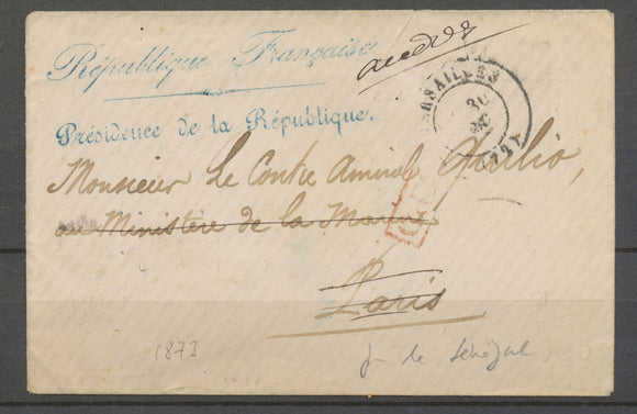 1871, Versailles, env. pour le CONTRE-AMIRAL QUILIO, réexpédiée X3928