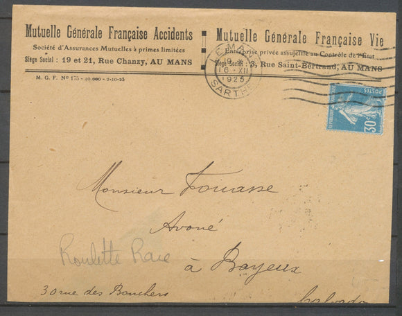 1925 Lettre ROULETTE, 30c. Semeuse bleu obl., SUP X3949